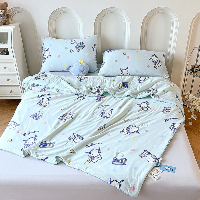 91家纺网 家纺一手货源 找家纺 天瑜家纺 2024新款三丽鸥针织夏被 帕恰狗蓝