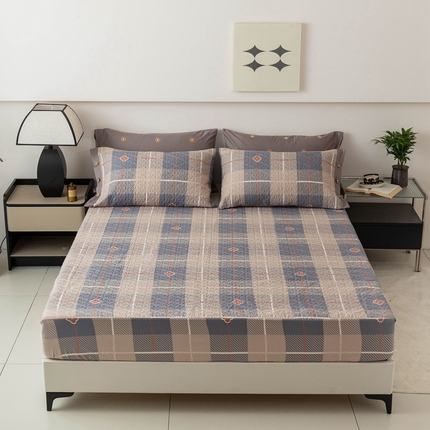 优乐家纺 2025新款纯棉印花夹棉床笠三件套系列-纽扣款 博尔-咖