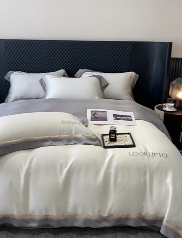 91家纺网 家纺一手货源 找家纺 （总）优悦生活馆 宽边拼角冰丝刺绣四件套-仰望