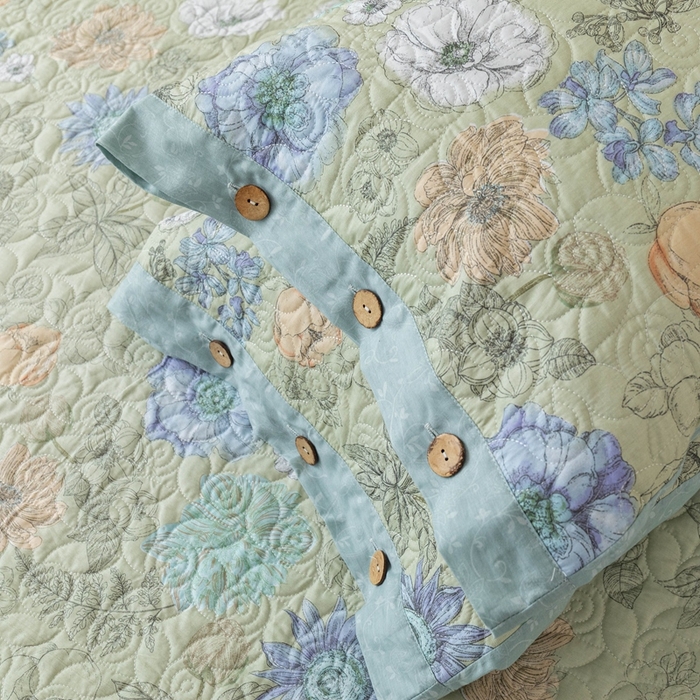 91家纺网 家纺一手货源 找家纺 优乐家纺 2025新款纯棉印花夹棉枕套系列-纽扣款 安琪-绿