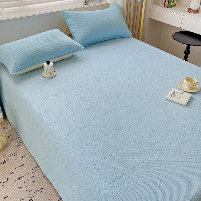 91家纺网 家纺一手货源 找家纺 羽爱家纺 2024新款双面纯色全棉水洗床盖 天蓝