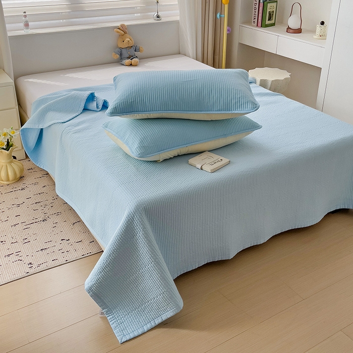 91家纺网 家纺一手货源 找家纺 羽爱家纺 2024新款双面纯色全棉水洗床盖 天蓝