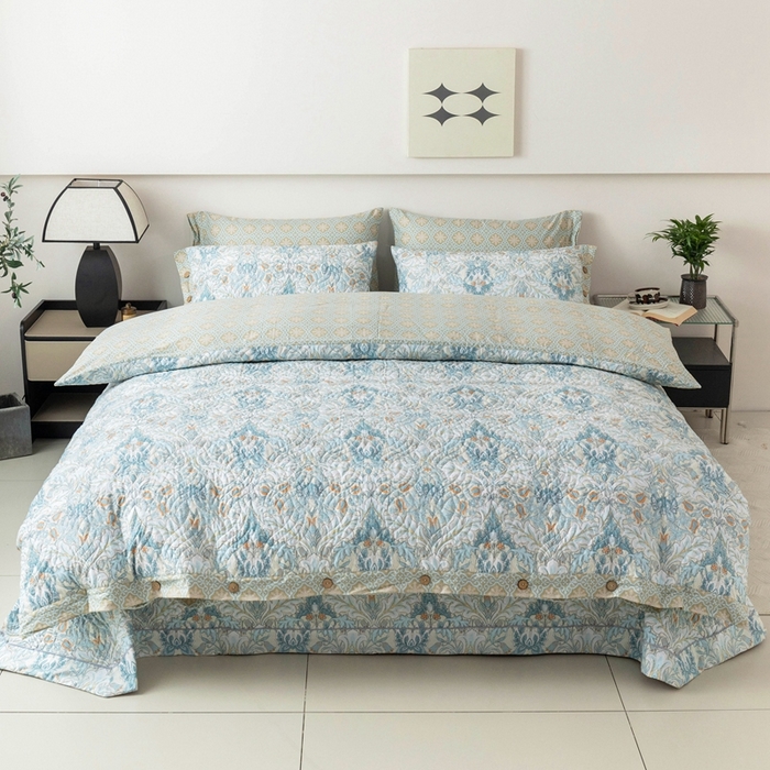 91家纺网 家纺一手货源 找家纺 优乐家纺 2025新款纯棉印花夹棉系列四件套-纽扣款 普卡拉-兰