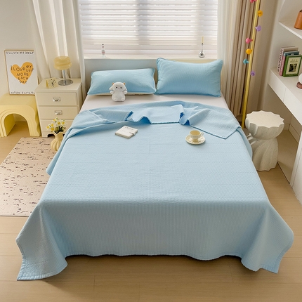 91家纺网 家纺一手货源 找家纺 羽爱家纺 2024新款双面纯色全棉水洗床盖 天蓝