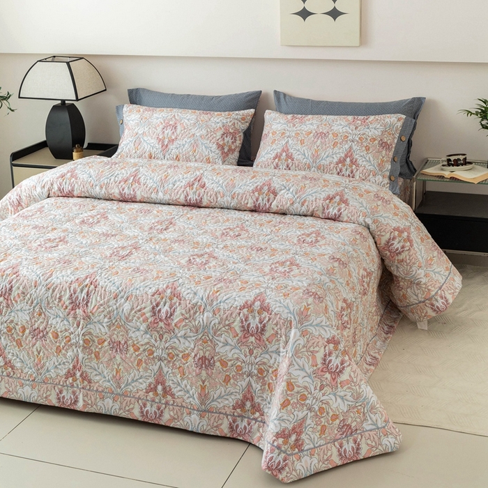 91家纺网 家纺一手货源 找家纺 优乐家纺 2025新款纯棉印花夹棉系列床盖三件套-纽扣款 普卡拉-红