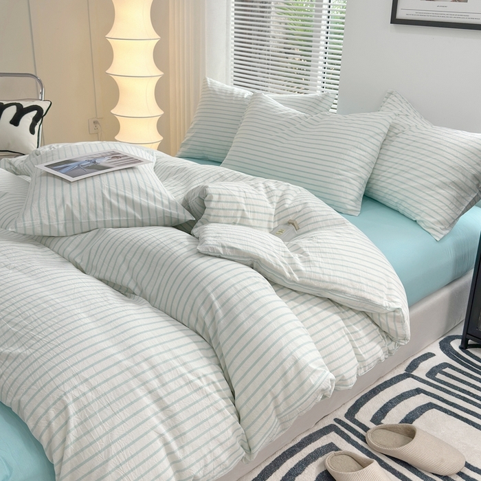 91家纺网 家纺一手货源 找家纺 价格下调三沁直播爆AAB版款纯棉全棉色织水洗棉简约格子式四件套（床单直角）湖蓝条