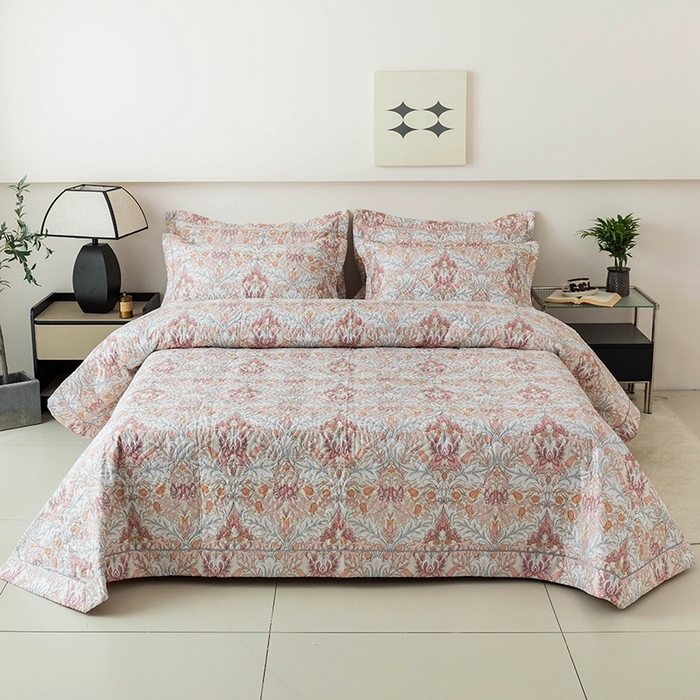 91家纺网 家纺一手货源 找家纺 优乐家纺 2025新款全棉斜纹13376宽边枕套床盖三件套 普卡拉-红