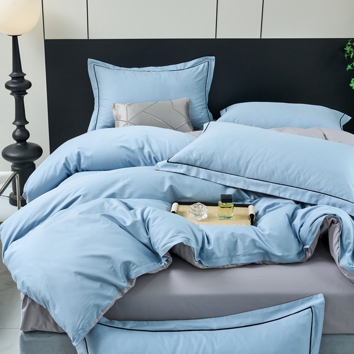 91家纺网 家纺一手货源 找家纺 三沁家居 2024新款精梳长绒棉四件套 蓝灰