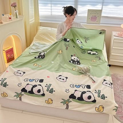 绵庭家纺 2024新款全棉印花隔脏睡袋 熊猫戏水绿