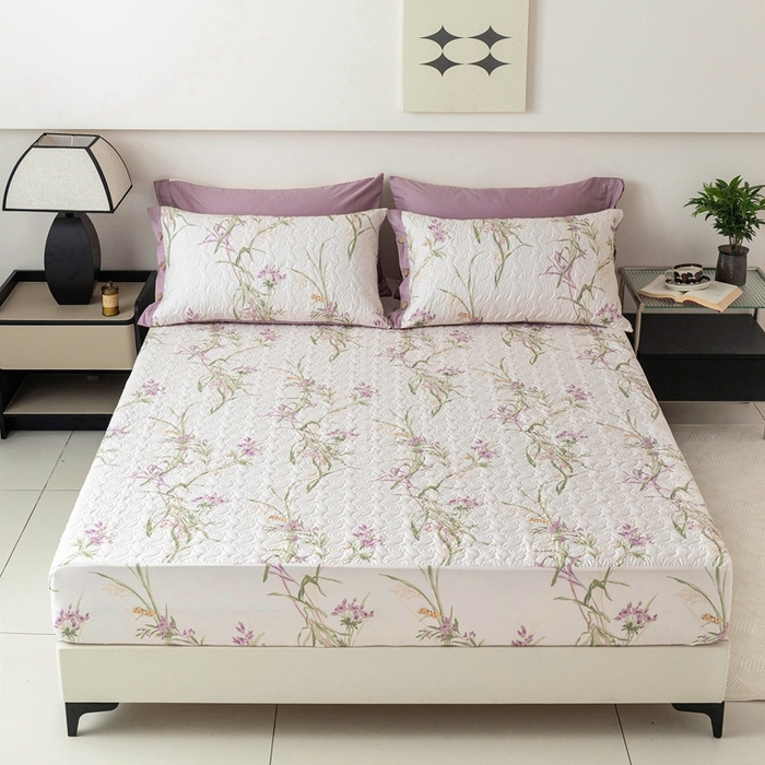 91家纺网 家纺一手货源 找家纺 优乐家纺 2025新款纯棉印花夹棉床笠三件套系列-纽扣款 迷雾