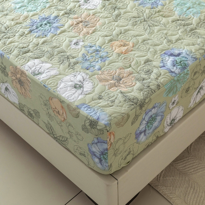 91家纺网 家纺一手货源 找家纺 优乐家纺 2025新款纯棉印花夹棉床笠三件套系列-纽扣款 安琪-绿