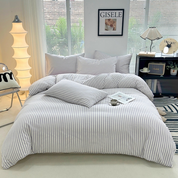 91家纺网 家纺一手货源 找家纺 价格下调三沁直播爆AAB版款纯棉全棉色织水洗棉简约格子式四件套（床单直角）蓝莓条