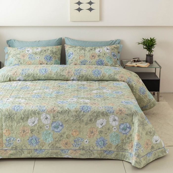 91家纺网 家纺一手货源 找家纺 优乐家纺 2025新款纯棉印花夹棉系列床盖三件套-纽扣款 安琪-绿