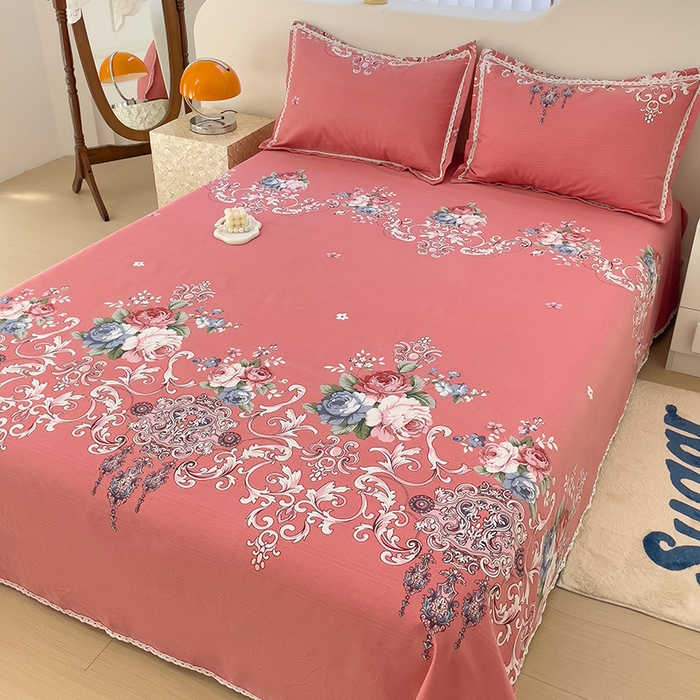 91家纺网 家纺一手货源 找家纺 玖琳家纺 2024新款新款鱼骨棉老粗布凉席花边款床单三件套 欧式风情-粉
