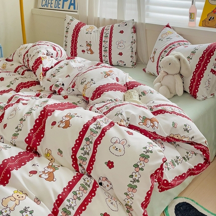 91家纺网 家纺一手货源 找家纺 慕晨 2024新款A类母婴级水洗云朵棉单被套床上用品卡通儿童宿舍 花朵小兔
