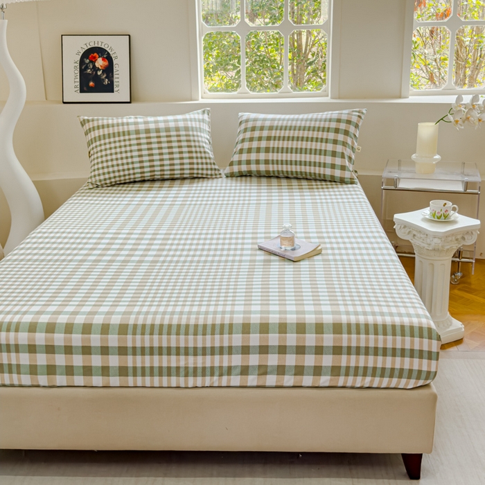 91家纺网 家纺一手货源 找家纺 金丝鸟家纺 2024新款成人款A类老粗布床笠 绿小格