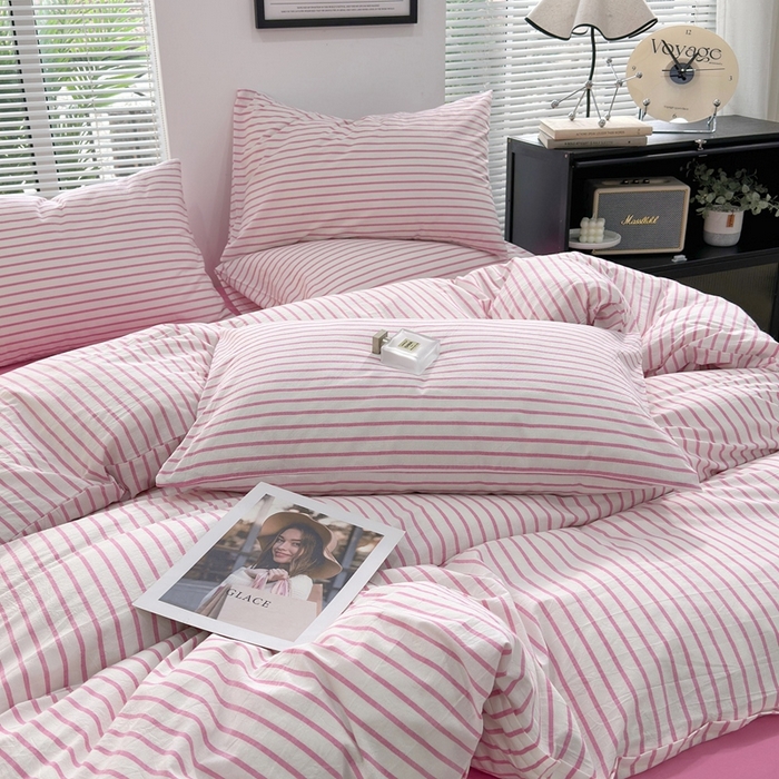 91家纺网 家纺一手货源 找家纺 价格下调三沁直播爆AAB版款纯棉全棉色织水洗棉简约格子式四件套（床单直角）玫粉条