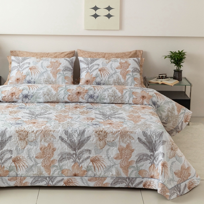 91家纺网 家纺一手货源 找家纺 优乐家纺 2025新款纯棉印花夹棉系列床盖三件套-纽扣款 春意盎然