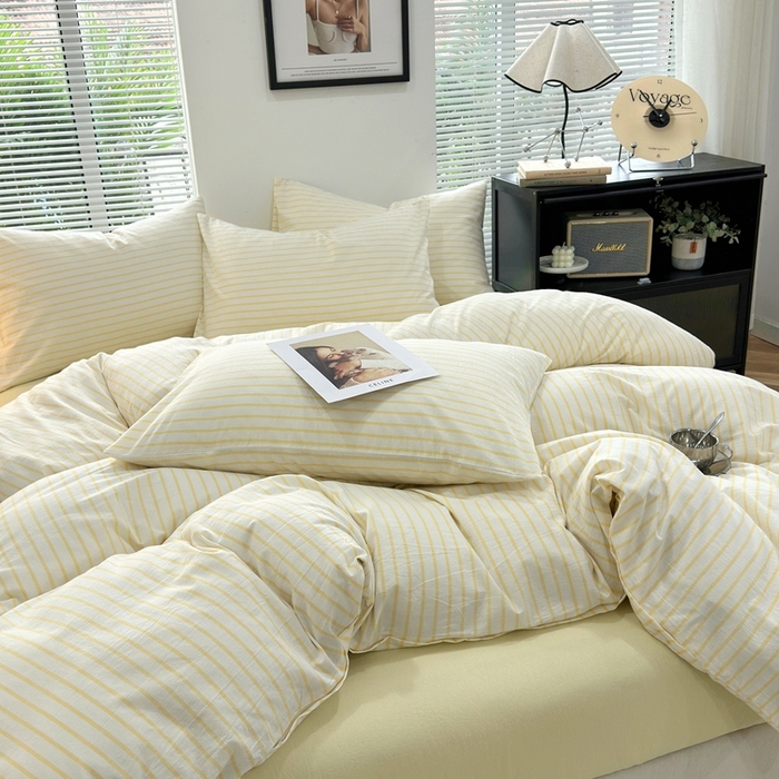 91家纺网 家纺一手货源 找家纺 价格下调三沁直播爆AAB版款纯棉全棉色织水洗棉简约格子式四件套（床单直角）淡黄条