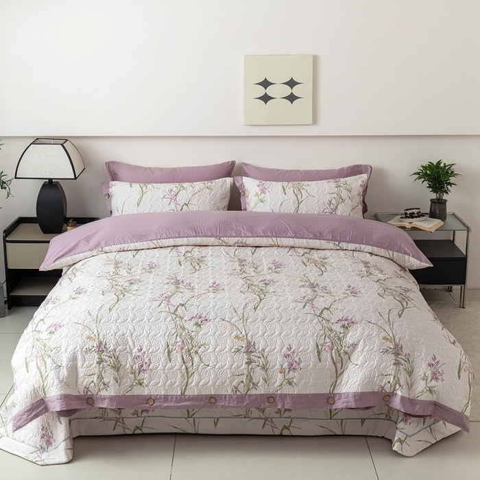 91家纺网 家纺一手货源 找家纺 优乐家纺 2025新款纯棉印花夹棉系列四件套-纽扣款 迷雾