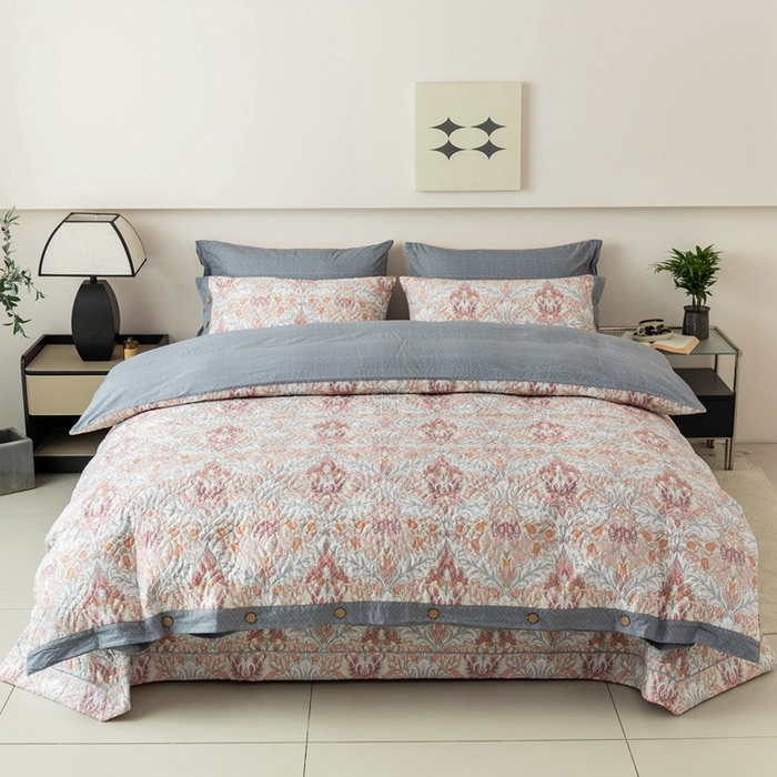 91家纺网 家纺一手货源 找家纺 优乐家纺 2025新款纯棉印花夹棉系列四件套-纽扣款 普卡拉-红