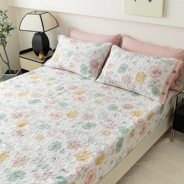 91家纺网 家纺一手货源 找家纺 优乐家纺 2025新款纯棉印花夹棉床笠三件套系列-纽扣款 安琪-黄