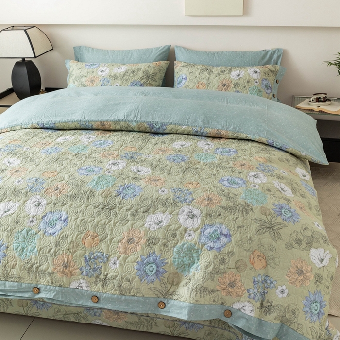 91家纺网 家纺一手货源 找家纺 优乐家纺 2025新款纯棉印花夹棉系列四件套-纽扣款 安琪-绿