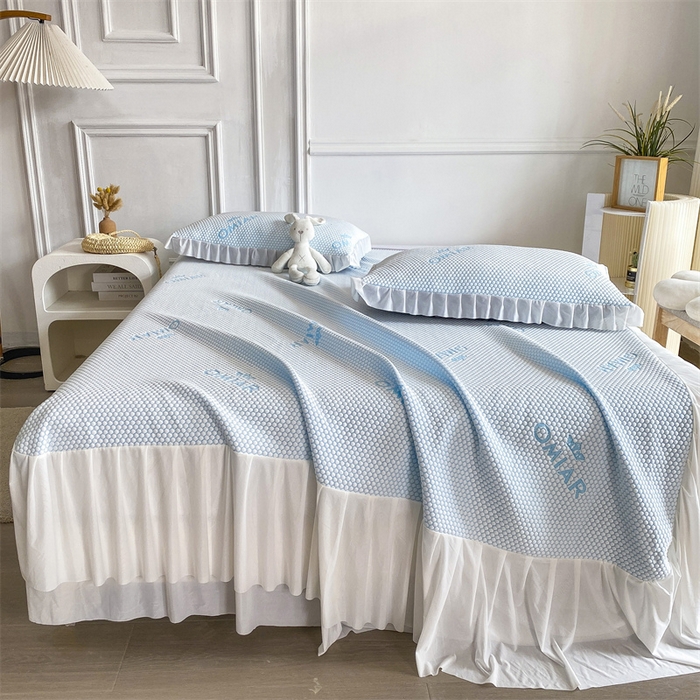 91家纺网 家纺一手货源 找家纺 叠派家纺 2024新款抗菌冰豆豆床裙款凉席-皇冠系 冰豆豆皇冠系列-床裙款-天空蓝