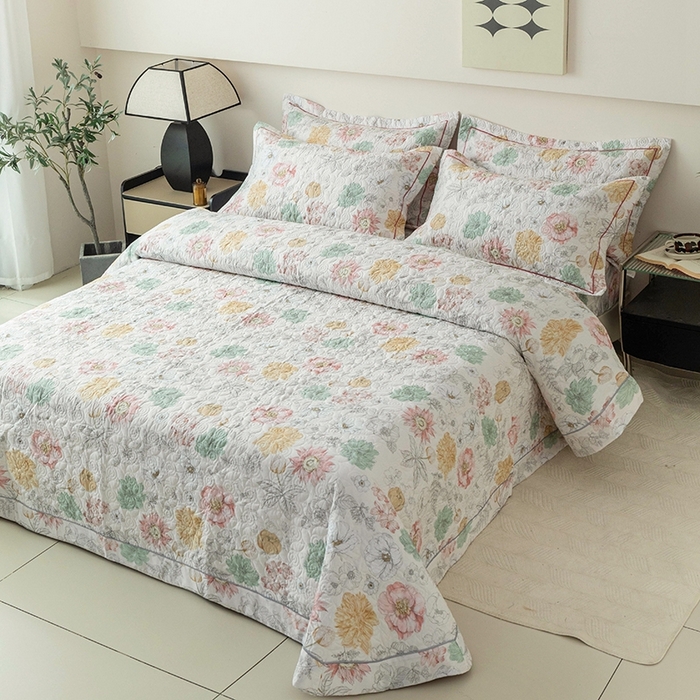 91家纺网 家纺一手货源 找家纺 优乐家纺 2025新款全棉斜纹13376宽边枕套床盖三件套 安琪-黄