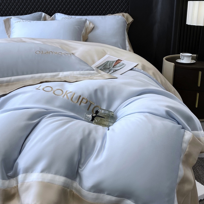 91家纺网 家纺一手货源 找家纺 优悦生活馆 宽边拼角冰丝刺绣四件套-仰望 仰望-蓝