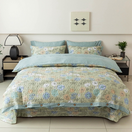 优乐家纺 2025新款纯棉印花夹棉系列四件套-纽扣款 安琪-绿