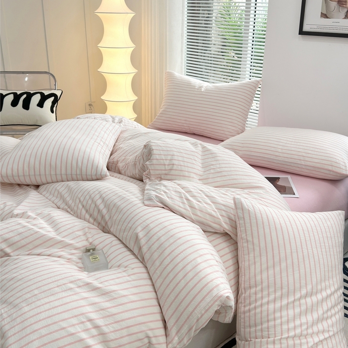 91家纺网 家纺一手货源 找家纺 价格下调三沁直播爆AAB版款纯棉全棉色织水洗棉简约格子式四件套（床单直角）果粉条