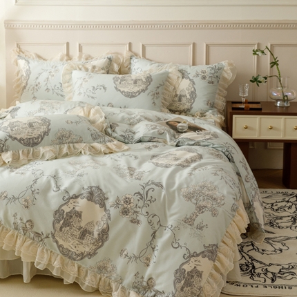 91家纺网 家纺一手货源 找家纺 菊上家纺 2024新款40s全棉复古法式雪纺蕾丝花边印花床裙款四件套 罗拉