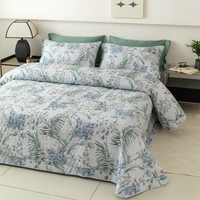 91家纺网 家纺一手货源 找家纺 优乐家纺 2025新款纯棉印花夹棉系列床盖三件套-纽扣款 早春