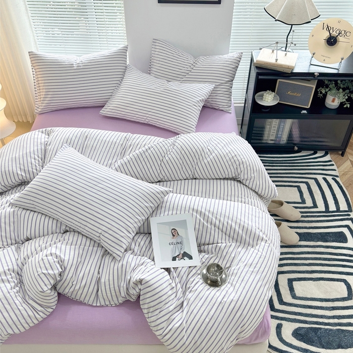 91家纺网 家纺一手货源 找家纺 价格下调三沁直播爆AAB版款纯棉全棉色织水洗棉简约格子式四件套（床单直角）蓝莓条