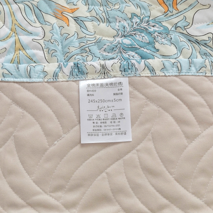 91家纺网 家纺一手货源 找家纺 优乐家纺 2025新款纯棉印花夹棉系列床盖三件套-纽扣款 普卡拉-兰