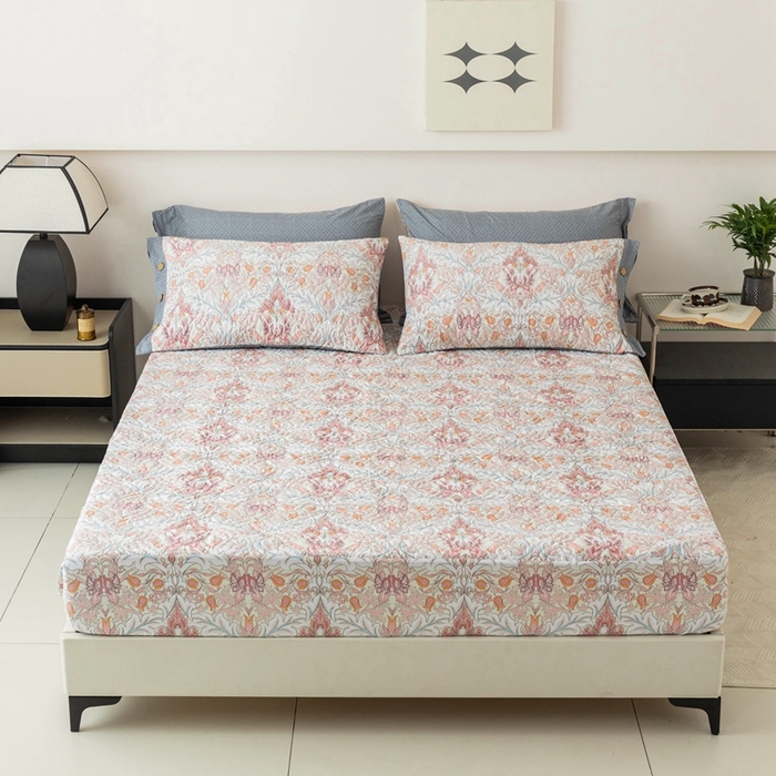 91家纺网 家纺一手货源 找家纺 优乐家纺 2025新款纯棉印花夹棉床笠三件套系列-纽扣款 普卡拉-红