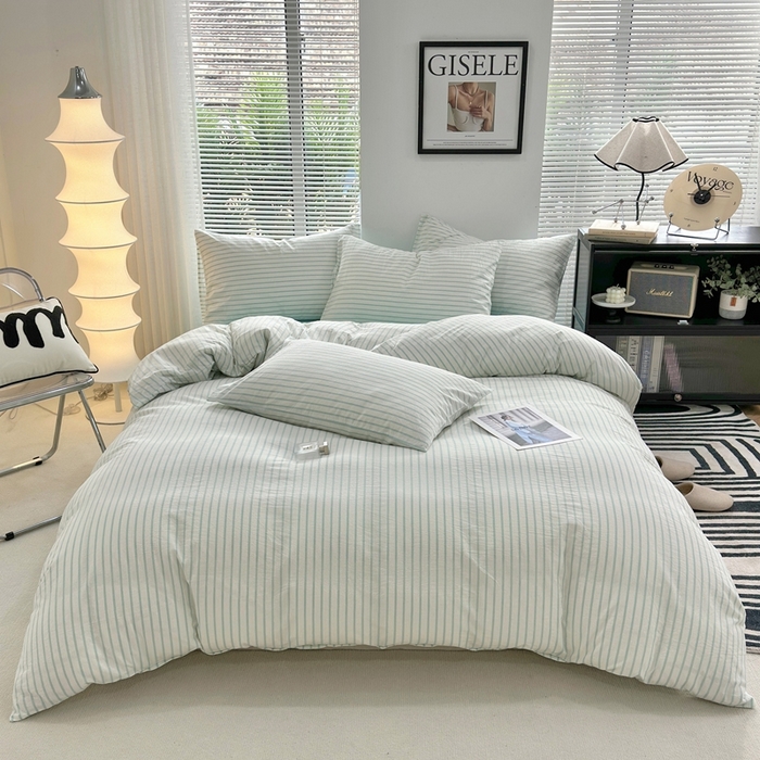 91家纺网 家纺一手货源 找家纺 价格下调三沁直播爆AAB版款纯棉全棉色织水洗棉简约格子式四件套（床单直角）湖蓝条