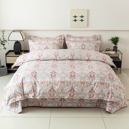 91家纺网 家纺一手货源 找家纺 优乐家纺 2025新款全棉斜纹13376单层被套夹棉床盖款四件套 普卡拉-红