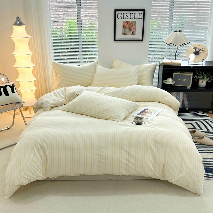 91家纺网 家纺一手货源 找家纺 价格下调三沁直播爆AAB版款纯棉全棉色织水洗棉简约格子式四件套（床单直角）淡黄条