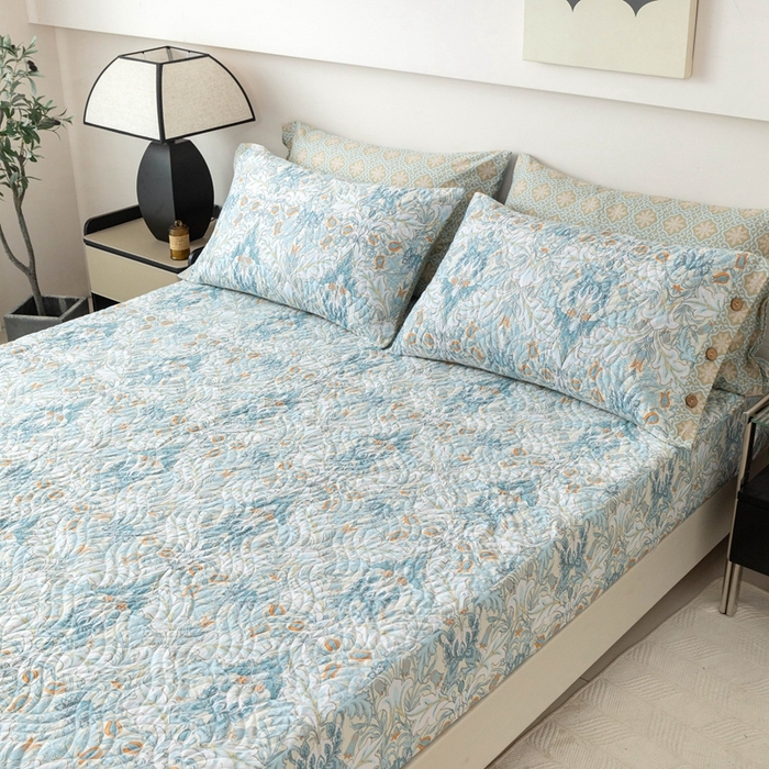 91家纺网 家纺一手货源 找家纺 优乐家纺 2025新款纯棉印花夹棉床笠三件套系列-纽扣款 普卡拉-兰