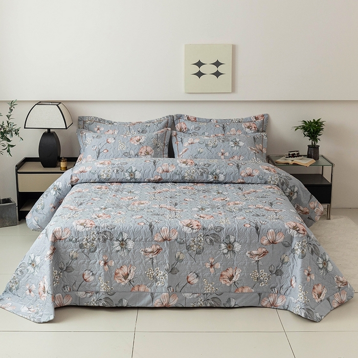 91家纺网 家纺一手货源 找家纺 优乐家纺 2025新款全棉斜纹13376宽边枕套床盖三件套 蔚然花