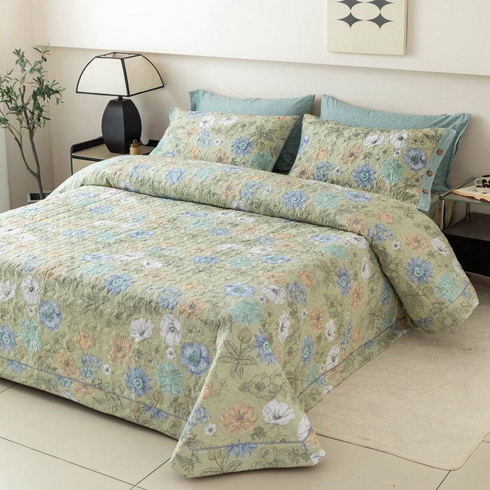 91家纺网 家纺一手货源 找家纺 优乐家纺 2025新款纯棉印花夹棉系列床盖三件套-纽扣款 安琪-绿