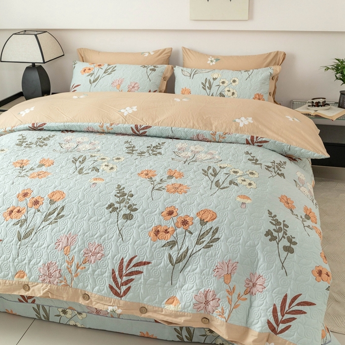 91家纺网 家纺一手货源 找家纺 优乐家纺 2025新款纯棉印花夹棉系列四件套-纽扣款 南薇-兰