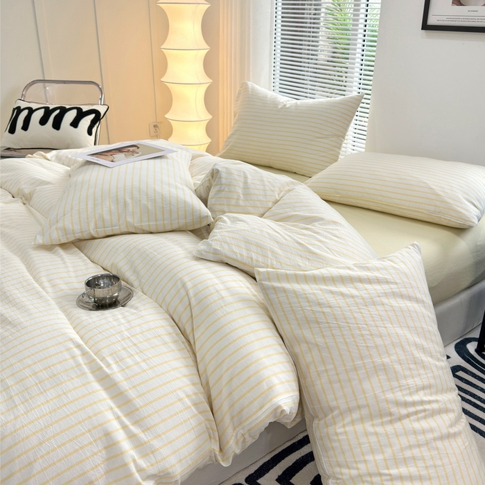 91家纺网 家纺一手货源 找家纺 价格下调三沁直播爆AAB版款纯棉全棉色织水洗棉简约格子式四件套（床单直角）淡黄条