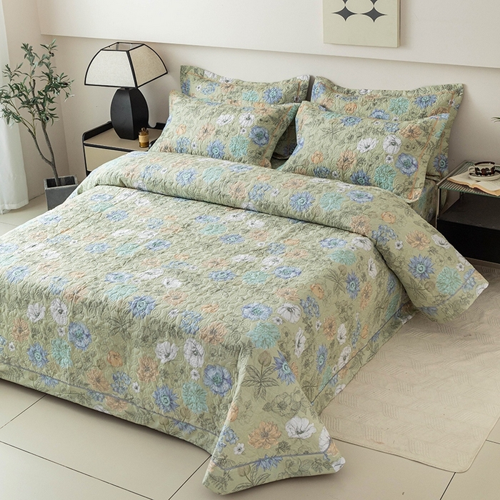 91家纺网 家纺一手货源 找家纺 优乐家纺 2025新款全棉斜纹13376宽边枕套床盖三件套 安琪-绿