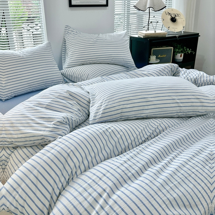 91家纺网 家纺一手货源 找家纺 价格下调三沁直播爆AAB版款纯棉全棉色织水洗棉简约格子式四件套（床单直角）蓝灰条