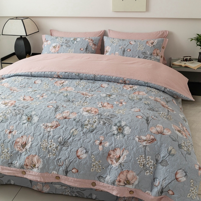 91家纺网 家纺一手货源 找家纺 优乐家纺 2025新款纯棉印花夹棉系列四件套-纽扣款 蔚然花