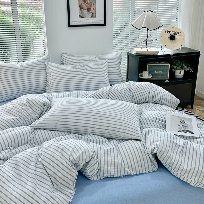 91家纺网 家纺一手货源 找家纺 价格下调三沁直播爆AAB版款纯棉全棉色织水洗棉简约格子式四件套（床单直角）蓝灰条