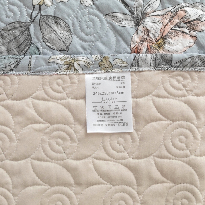 91家纺网 家纺一手货源 找家纺 优乐家纺 2025新款纯棉印花夹棉系列床盖三件套-纽扣款 蔚然花